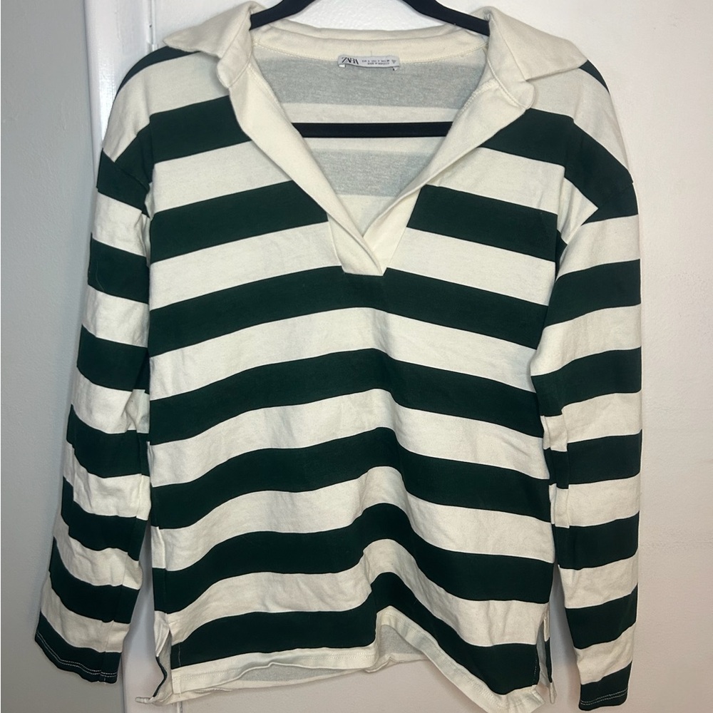 Zara Green and White Striped Long Sleeve Shirt